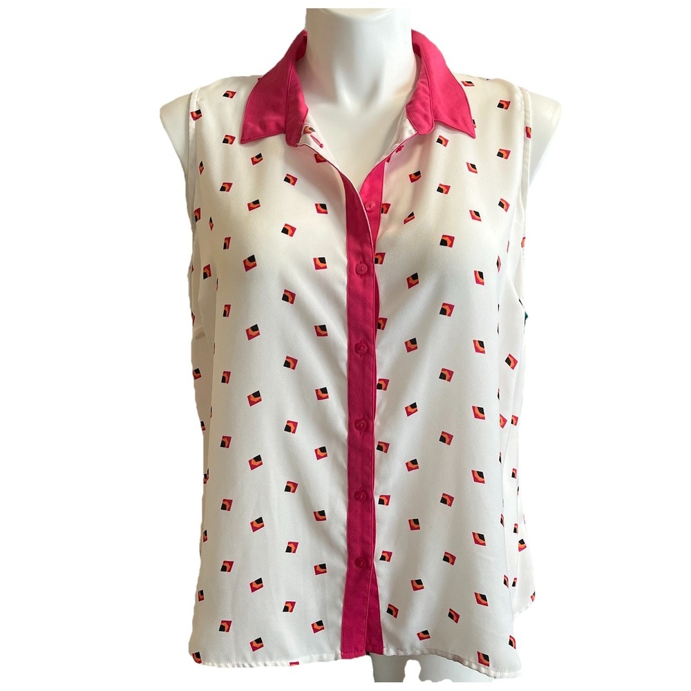 VTG Sleeveless Geometric Print Button Up Sz XL Hot Pink Trim Bold Colors Coastal